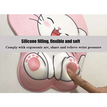 Cute pink mouse pad with ergonomic wrist rest support, non-slip gel anime Kawaii 3D mouse pads, wrist pads, pain relief, and easy typing, gaming, notebook computer home office work and study(Cat-pink)