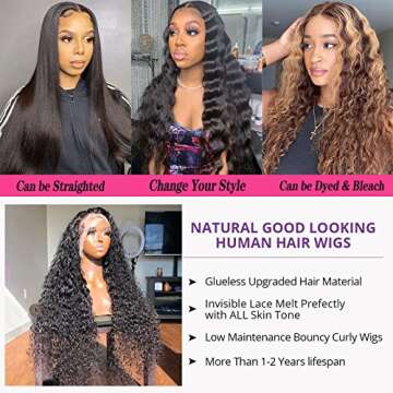 Sol Soal 20 Inch 13x4 Water Wave Lace Front Wigs Human Hair HD Transparent Wet and Wavy Lace Frontal Wigs for Black Women Brazilian Virgin Hair Glueless Pre Plucked with Baby Hair 150% Density