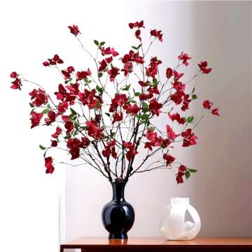 Artificial Bougainvillea Flower Branches Silk Bougainvillea Stems with Dried Tree Twigs Real Touch Faux Greenery Stems for Home Indoor Outdoor Decor Floral Bouquet Arrangements (Fuchsia - Pack of 4)