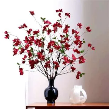 Artificial Bougainvillea Flower Branches Silk Bougainvillea Stems with Dried Tree Twigs Real Touch Faux Greenery Stems for Home Indoor Outdoor Decor Floral Bouquet Arrangements (Fuchsia - Pack of 4)