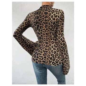 BEAUDRM Women's Y2K Leopard Print Top Mock Neck Ruched Shirt Cheetah Print Tee Shirt Long Bell Sleev...