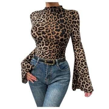 BEAUDRM Women's Y2K Leopard Print Top Mock Neck Ruched Shirt Cheetah Print Tee Shirt Long Bell Sleeve Slim Fit T Shirt Multicolor Small