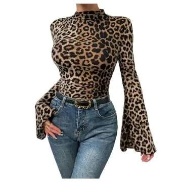 BEAUDRM Women's Y2K Leopard Print Top Mock Neck Ruched Shirt Cheetah Print Tee Shirt Long Bell Sleeve Slim Fit T Shirt Multicolor Small