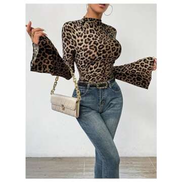 BEAUDRM Women's Y2K Leopard Print Top Mock Neck Ruched Shirt Cheetah Print Tee Shirt Long Bell Sleeve Slim Fit T Shirt Multicolor Small