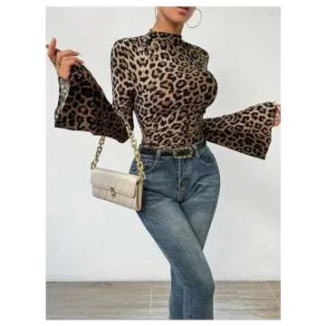 BEAUDRM Women's Y2K Leopard Print Top Mock Neck Ruched Shirt Cheetah Print Tee Shirt Long Bell Sleeve Slim Fit T Shirt Multicolor Small