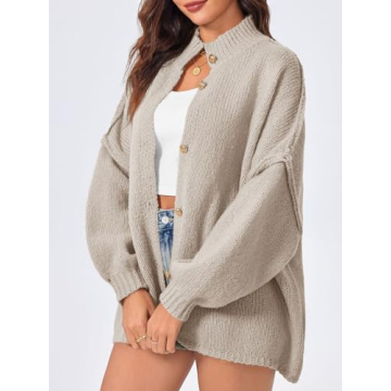 Saodimallsu Womens Oversized Cardigans Long Lantern Sleeve Button Down Chunky Knit Loose Fall Sweater Coats Khaki