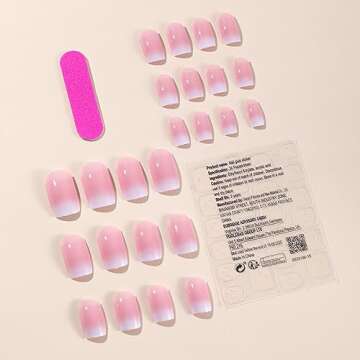 Square Press on Nails Short, LPOODDNU Gradient Pink White Press on Nails Short Fake Nails French Fal...