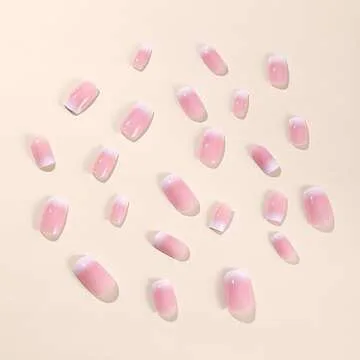 Square Press on Nails Short, LPOODDNU Gradient Pink White Press on Nails Short Fake Nails French False Nail Tips Full Cover Glue on Nails for Women Girls Nail Art Decorations, 24Pcs