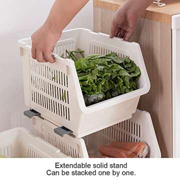 Baffect Pantry organizers, set of 3 Plastic Basket with rollers, Stackable Storage Bins for onions and potatoes (Beige)