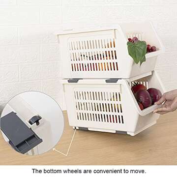 Baffect Pantry organizers, set of 3 Plastic Basket with rollers, Stackable Storage Bins for onions and potatoes (Beige)