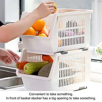 Baffect Pantry organizers, set of 3 Plastic Basket with rollers, Stackable Storage Bins for onions and potatoes (Beige)