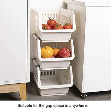 Baffect Pantry organizers, set of 3 Plastic Basket with rollers, Stackable Storage Bins for onions and potatoes (Beige)