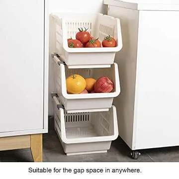 Baffect Pantry organizers, set of 3 Plastic Basket with rollers, Stackable Storage Bins for onions and potatoes (Beige)