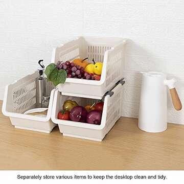 Baffect Pantry organizers, set of 3 Plastic Basket with rollers, Stackable Storage Bins for onions and potatoes (Beige)