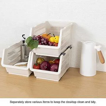 Baffect Pantry organizers, set of 3 Plastic Basket with rollers, Stackable Storage Bins for onions and potatoes (Beige)
