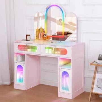 Enchanting MUSSTUFIC RGB Vanity Desk with Tri-fold Mirror & Ample Storage