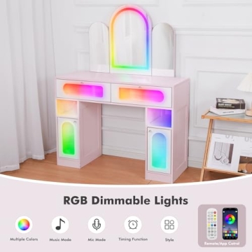 MUSSTUFIC RGB Vanity Desk with Tri-fold Mirror and Lights
