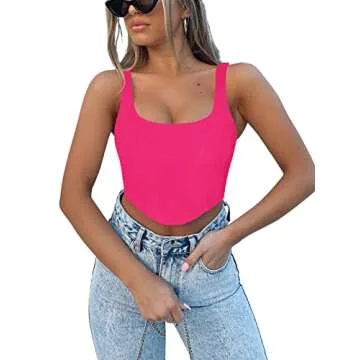 REORIA Women's Summer Sexy Square Neck Sleeveless Trendy Night Club Cropped Tank Top Cute Going Out Bustier Corset Crop Tops Neon Rose Red Small