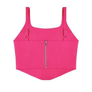 REORIA Women's Summer Sexy Square Neck Sleeveless Trendy Night Club Cropped Tank Top Cute Going Out Bustier Corset Crop Tops Neon Rose Red Small