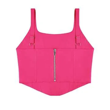 REORIA Women's Summer Sexy Square Neck Sleeveless Trendy Night Club Cropped Tank Top Cute Going Out Bustier Corset Crop Tops Neon Rose Red Small