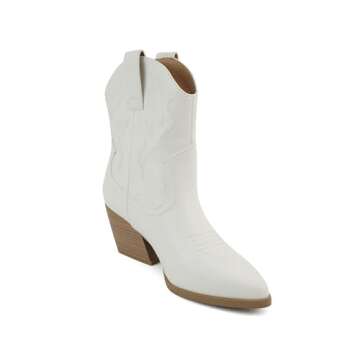 Soda “BLAZING” ~ Women Western Stitched Pointe Toe Low Heel High Top Ankle Shaft Boot Bootie (White/Nude, us_footwear_size_system, adult, women, numeric, medium, numeric_7)