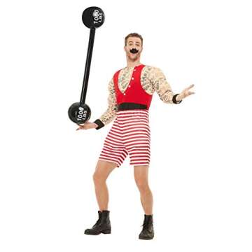 Smiffys Deluxe Strongman Circus Costume, Red & White Jumpsuit & Moustache