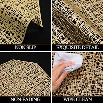 U'Artlines Octagonal Placemats Hollow Out Mats Vinyl Non-Slip Heat Insulation Kitchen Table Mats(Octagonal Gold, 6pcs)