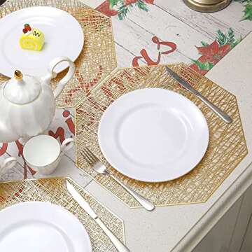 U'Artlines Octagonal Placemats Hollow Out Mats Vinyl Non-Slip Heat Insulation Kitchen Table Mats(Octagonal Gold, 6pcs)
