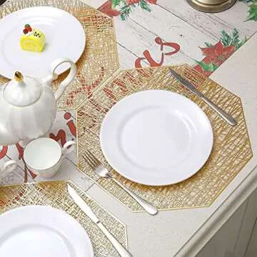 U'Artlines Octagonal Placemats Hollow Out Mats Vinyl Non-Slip Heat Insulation Kitchen Table Mats(Octagonal Gold, 6pcs)