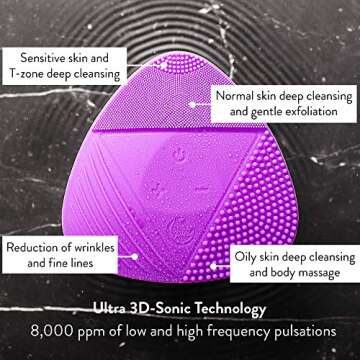 Silicone Sonic Facial Cleansing Brush - Best Beauty Massager for Normal, Sensitive, Combination Skin - Deep Cleaning Exfoliating Face Scrubber, Waterproof & Rechargeable Cleanser Tool (Purple)