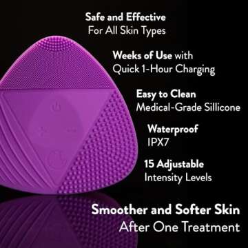 Silicone Sonic Facial Cleansing Brush - Best Beauty Massager for Normal, Sensitive, Combination Skin - Deep Cleaning Exfoliating Face Scrubber, Waterproof & Rechargeable Cleanser Tool (Purple)
