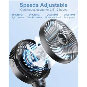 Bearwind Portable Stroller Fan for Travel, LED Night Light Clip on Fans Operated by Rechargeable Battery, Cordless Fan with Tripod Car Seat Baby Pram (Black)