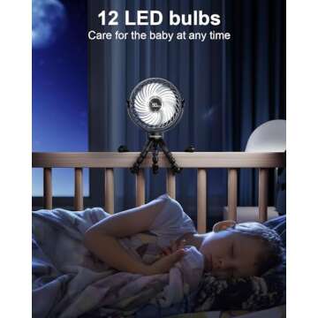 Bearwind Portable Stroller Fan for Travel, LED Night Light Clip on Fans Operated by Rechargeable Battery, Cordless Fan with Tripod Car Seat Baby Pram (Black)