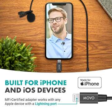 Movo iLav Digital Lavalier Omnidirectional Clip on Microphone with MFi Certified Lightning Adapter - Works with iOS Devices - Lapel Interview Lav Mic for iPhone, iPad, Lightning Microphone for iPhone