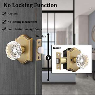 Gobrico 5 Pack Passage Crystal Door Knobs in Antique Brass for Hall Closet Laundry Room,Clear Octagon Shape,Keyless Outside for Interior Room