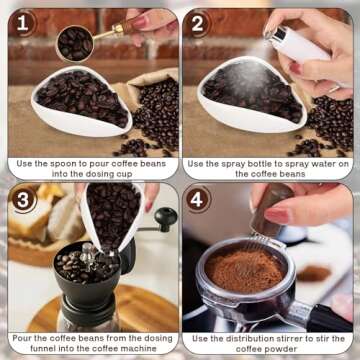 FWUNYVN 4Pcs Coffee Bean Dosing Cup, Spray Bottle, Spoon and Stirrer Tool Set, Coffee Bar Accessories Ceramic Espresso Dosing Funnel Spray Bottle for Reducing Coffee Static, Coffee Lover Gift (White)