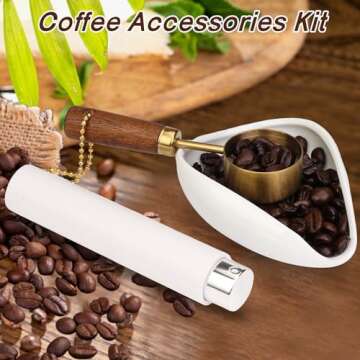 FWUNYVN 4Pcs Coffee Bean Dosing Cup, Spray Bottle, Spoon and Stirrer Tool Set, Coffee Bar Accessories Ceramic Espresso Dosing Funnel Spray Bottle for Reducing Coffee Static, Coffee Lover Gift (White)