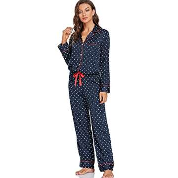 Serenedelicacy Women's Satin Pajama Set 2-Piece Sleepwear Loungewear Long Sleeve Button Down Silky PJ Set (Medium, Navy/Red, Dots)