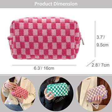 PAZIMIIK Checkered Makeup Bag for Purse Portable Zipper Make Up Pouch Small Cosmetic Case for Travel Accessories (Hotpink)