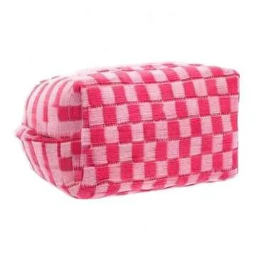 PAZIMIIK Checkered Makeup Bag for Purse Portable Zipper Make Up Pouch Small Cosmetic Case for Travel Accessories (Hotpink)