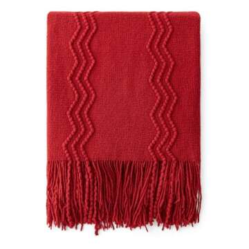 MIULEE Red Knitted Throw Blanket for Couch Boho Textured Cozy Woven Blanket with Tassels for Sofa Ch...