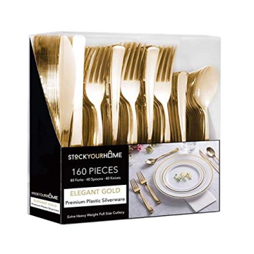 Gold Plastic Silverware Set (160 Bulk Pack) Disposable Cutlery Utensils, 80 Gold Forks, 40 Gold Kniv...