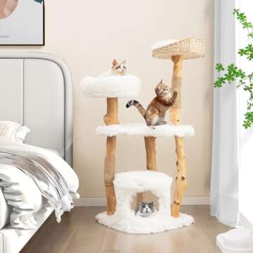 Tangkula Cat Tree for Indoor Cats, Solid Wood Modern Cat Tower with Top Cattail Basket Cat Bed, Side...