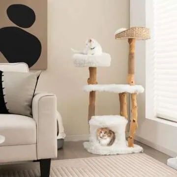 Tangkula Cat Tree for Indoor Cats, Solid Wood Modern Cat Tower with Top Cattail Basket Cat Bed, Side Perch, Large Platform & Cat Condo, Cute Cat Tree with Scratching Posts for Large Cats (49 Inch)