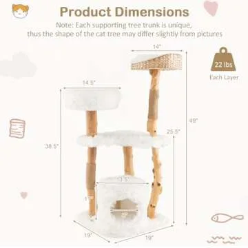 Tangkula Cat Tree for Indoor Cats, Solid Wood Modern Cat Tower with Top Cattail Basket Cat Bed, Side Perch, Large Platform & Cat Condo, Cute Cat Tree with Scratching Posts for Large Cats (49 Inch)