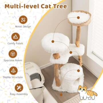 Tangkula Cat Tree for Indoor Cats, Solid Wood Modern Cat Tower with Top Cattail Basket Cat Bed, Side Perch, Large Platform & Cat Condo, Cute Cat Tree with Scratching Posts for Large Cats (49 Inch)