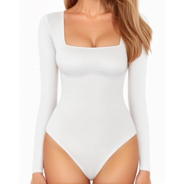 MANGOPOP Body Suits for Women Square Neck Long Sleeve Slim Fit Tops