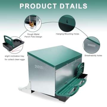 Chicken Nesting Box, 3 Holes Nesting Boxes for Chickens, Heavy Duty Metal Chicken Laying Boxes, Roll Away Nesting Box Egg Collection Tray, Nesting Box with Roosting Pole for Chicken Coop(Green)