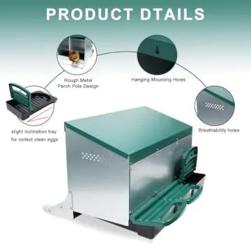 Chicken Nesting Box, 3 Holes Nesting Boxes for Chickens, Heavy Duty Metal Chicken Laying Boxes, Roll Away Nesting Box Egg Collection Tray, Nesting Box with Roosting Pole for Chicken Coop(Green)