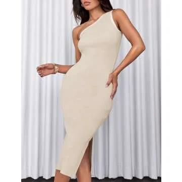 ZESICA Women's Summer One Shoulder Bodycon Midi Dresses 2024 Casual Sleeveless Ribbed Knit Side Slit Vacation Dress,Almond,Medium